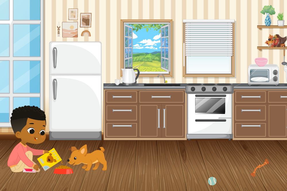 What Do I Feed My Dog? With young child feeding dog kibble in kitchen graphic - Pawsome Vet Care
