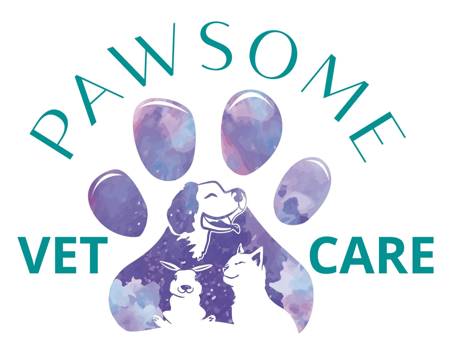 Pawsome Vet Care logo with pawprint with dog, cat and rabbit in teal & purple